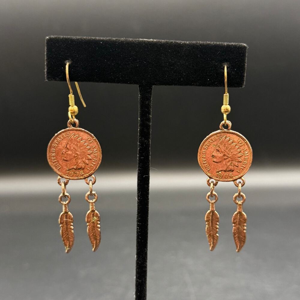 Vintage 1906 Indian Head Pennies Replica Earrings Dangle Feather Copper Tone